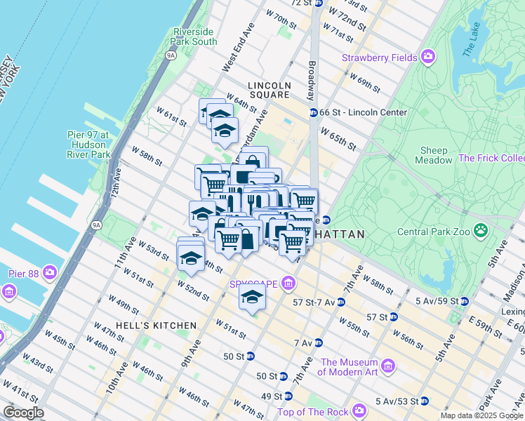 map of restaurants, bars, coffee shops, grocery stores, and more near 415 West 57th Street in New York