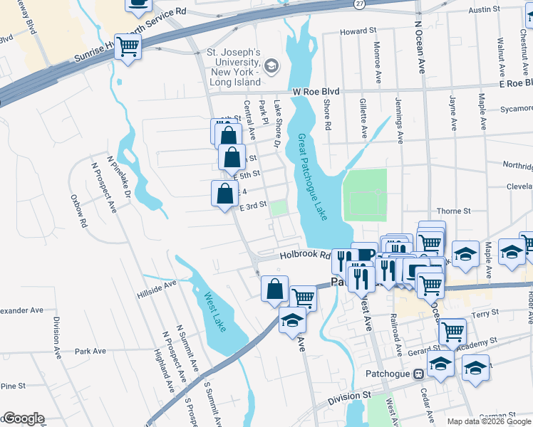map of restaurants, bars, coffee shops, grocery stores, and more near 52 Central Avenue in Patchogue