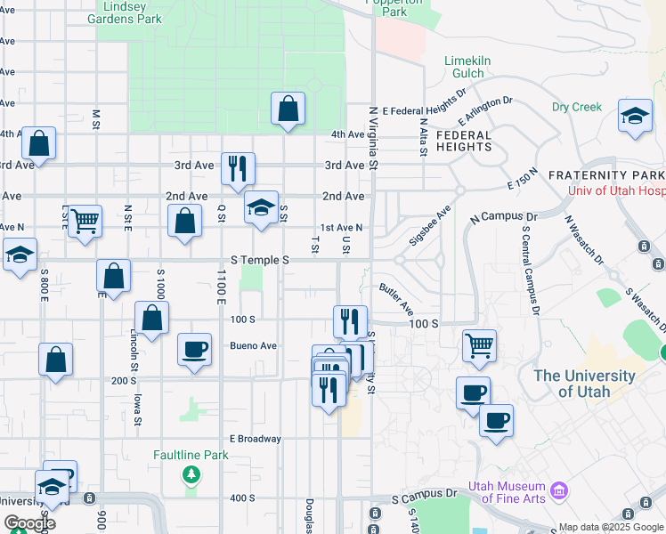 map of restaurants, bars, coffee shops, grocery stores, and more near 48 South 1300 East in Salt Lake City