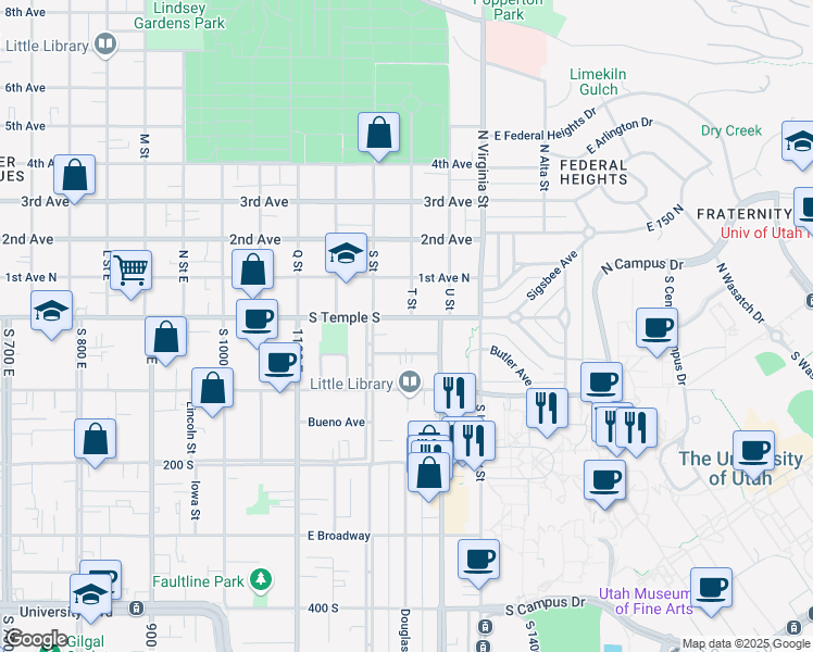 map of restaurants, bars, coffee shops, grocery stores, and more near 1243 Alameda Avenue in Salt Lake City