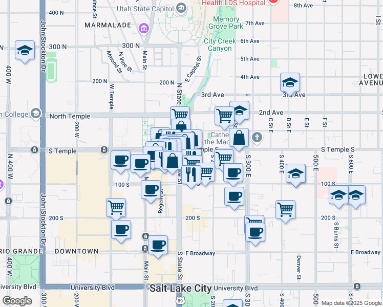 map of restaurants, bars, coffee shops, grocery stores, and more near 156-160 East South Temple Street in Salt Lake City