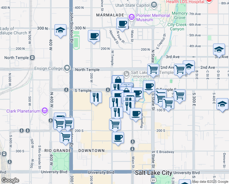 map of restaurants, bars, coffee shops, grocery stores, and more near 99 West South Temple in Salt Lake City