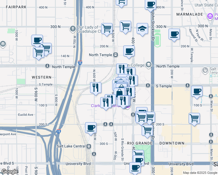 map of restaurants, bars, coffee shops, grocery stores, and more near 50 500 West in Salt Lake City