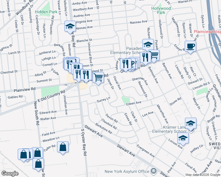 map of restaurants, bars, coffee shops, grocery stores, and more near 33 Surrey Lane in Plainview