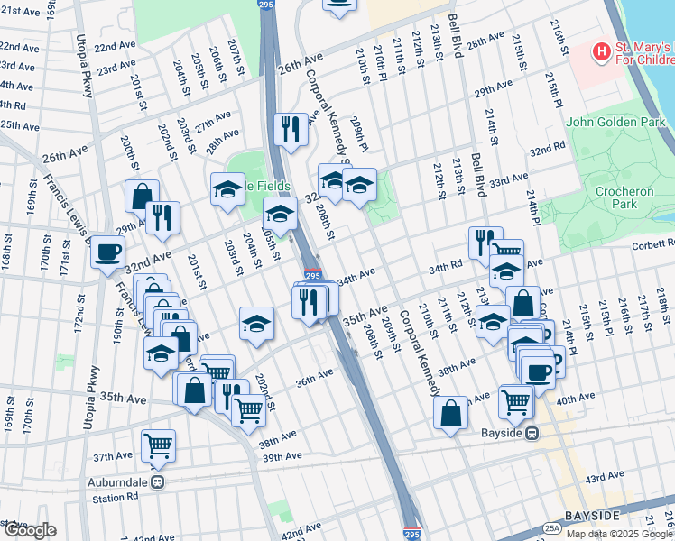 map of restaurants, bars, coffee shops, grocery stores, and more near 207-01 34th Avenue in Queens