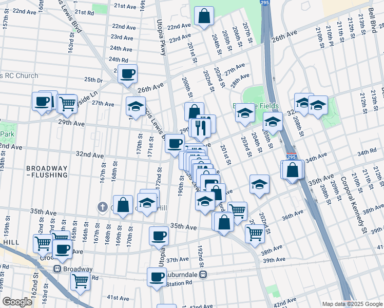 map of restaurants, bars, coffee shops, grocery stores, and more near 198-11 32nd Road in Queens