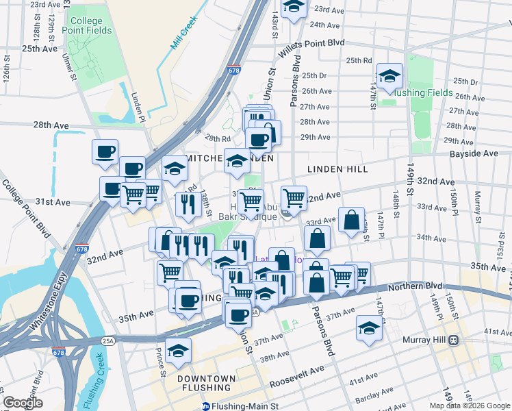 map of restaurants, bars, coffee shops, grocery stores, and more near 32-18 Union Street in Queens