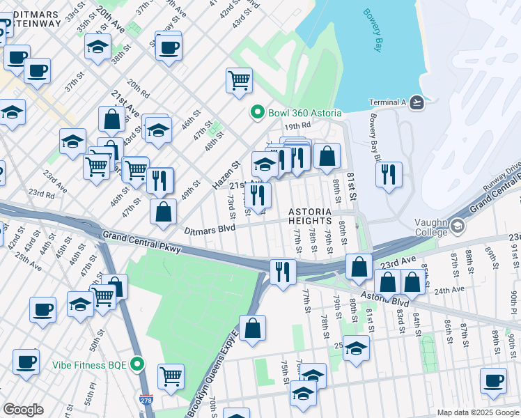 map of restaurants, bars, coffee shops, grocery stores, and more near 74-19 Ditmars Boulevard in Queens