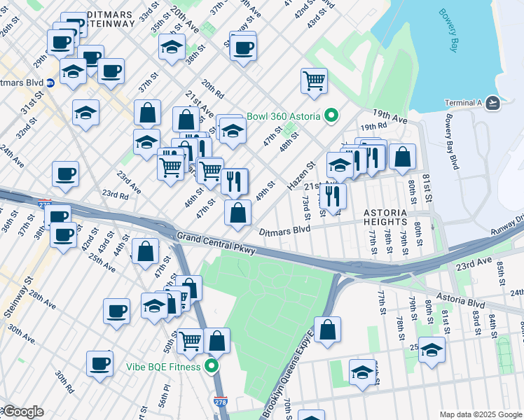 map of restaurants, bars, coffee shops, grocery stores, and more near 21-63 Hazen Street in Queens