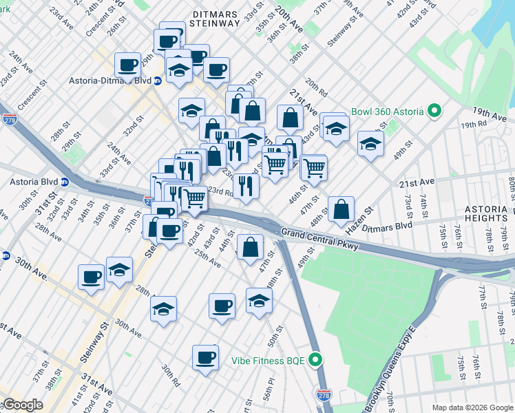 map of restaurants, bars, coffee shops, grocery stores, and more near 44-20 Astoria Boulevard South in Queens