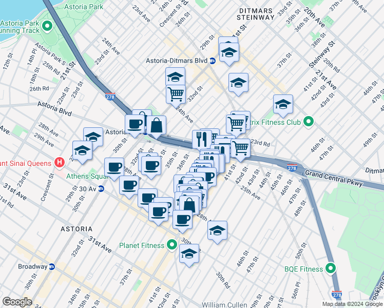 map of restaurants, bars, coffee shops, grocery stores, and more near 25-25 36th Street in Queens
