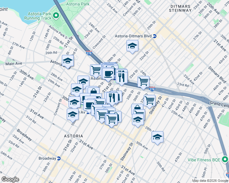 map of restaurants, bars, coffee shops, grocery stores, and more near 25-48 34th Street in Queens