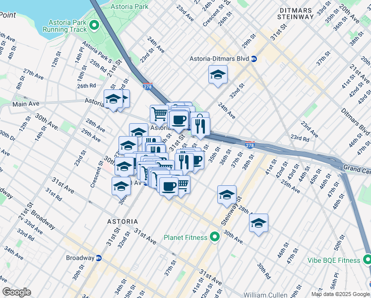 map of restaurants, bars, coffee shops, grocery stores, and more near 25-55 32nd Street in Queens