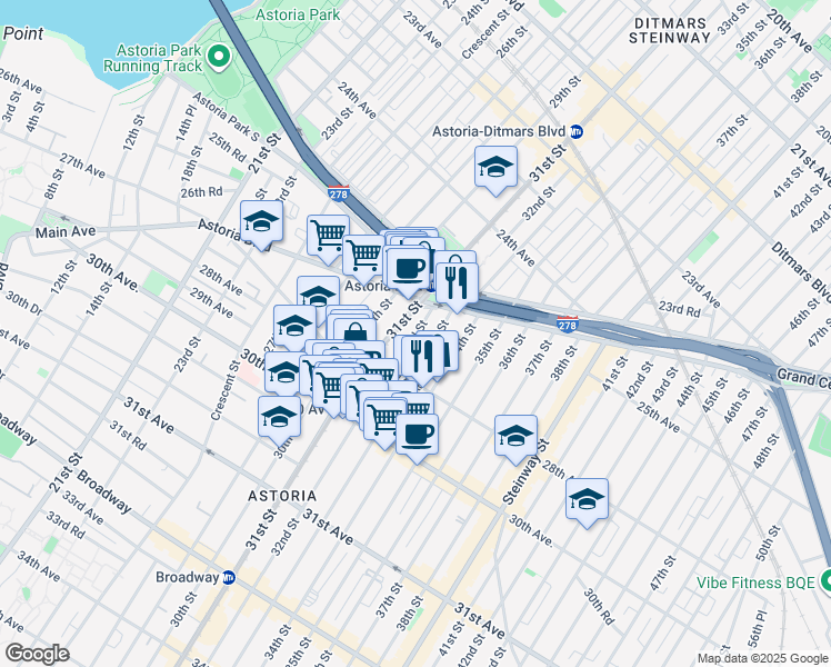 map of restaurants, bars, coffee shops, grocery stores, and more near 25-55 32nd Street in Queens