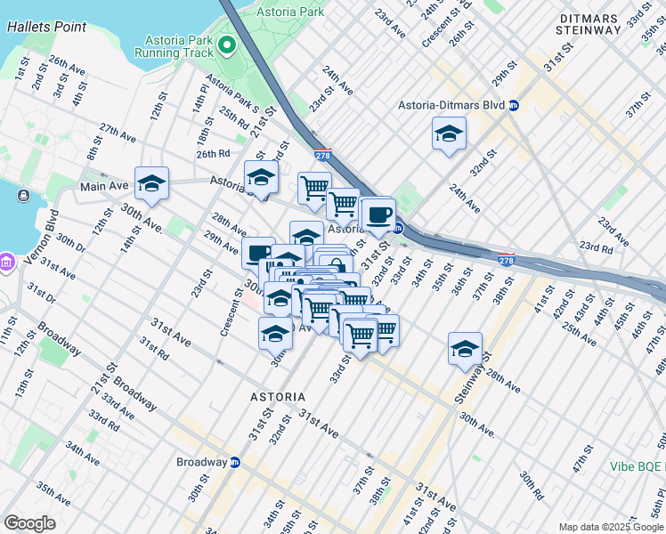 map of restaurants, bars, coffee shops, grocery stores, and more near 29-28 Newtown Avenue in Queens