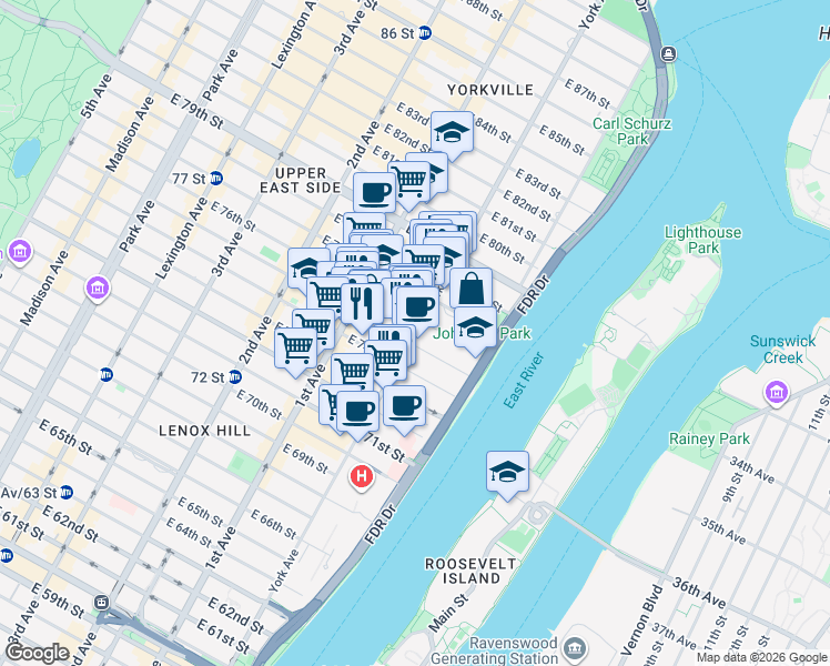 map of restaurants, bars, coffee shops, grocery stores, and more near 507 East 75th Street in New York