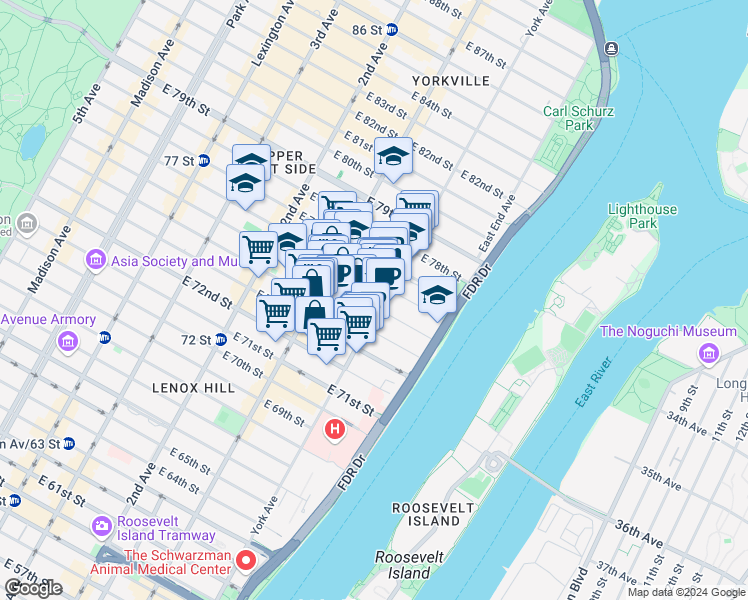 map of restaurants, bars, coffee shops, grocery stores, and more near in New York