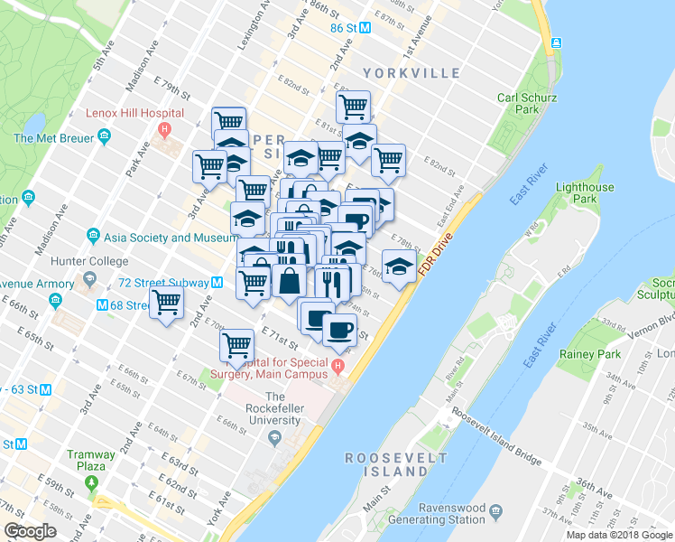 map of restaurants, bars, coffee shops, grocery stores, and more near in New York