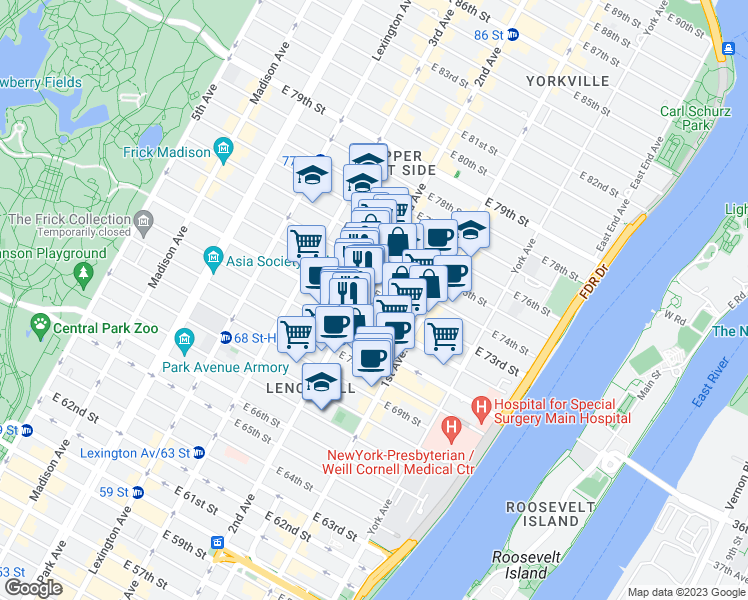 map of restaurants, bars, coffee shops, grocery stores, and more near 322 East 72nd Street in New York