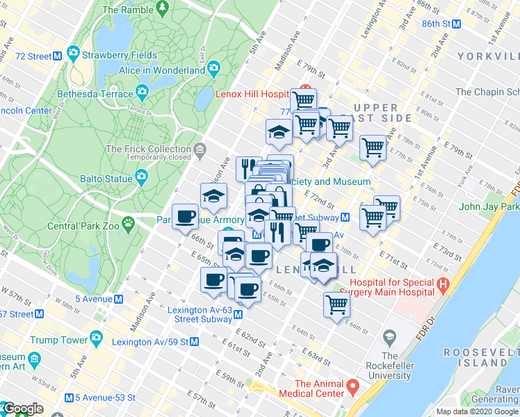 map of restaurants, bars, coffee shops, grocery stores, and more near 958 Lexington Avenue in New York