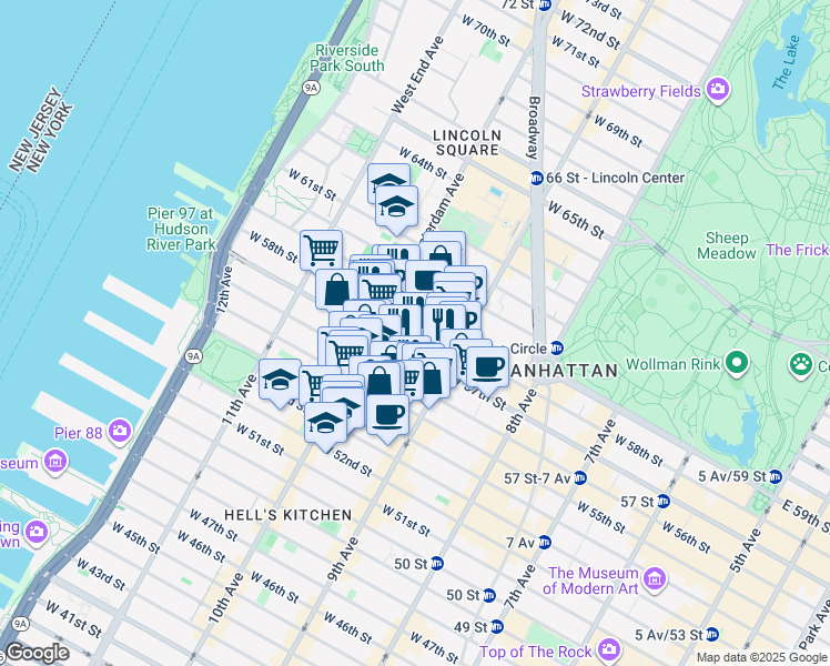 map of restaurants, bars, coffee shops, grocery stores, and more near 425 West 57th Street in New York