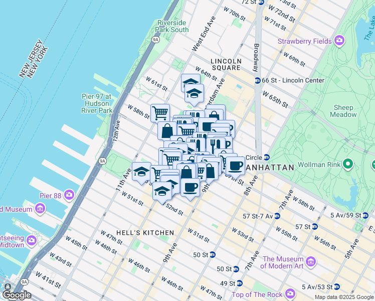 map of restaurants, bars, coffee shops, grocery stores, and more near 425 West 57th Street in New York