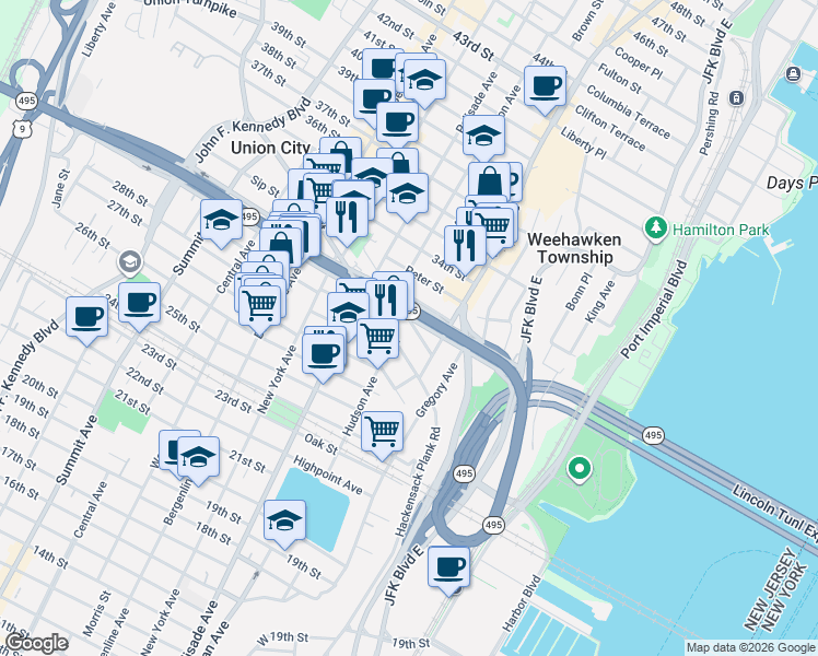 map of restaurants, bars, coffee shops, grocery stores, and more near 562 Hudson Avenue in Weehawken Township