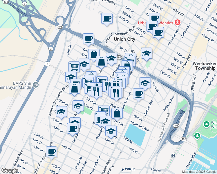 map of restaurants, bars, coffee shops, grocery stores, and more near 608 24th Street in Union City