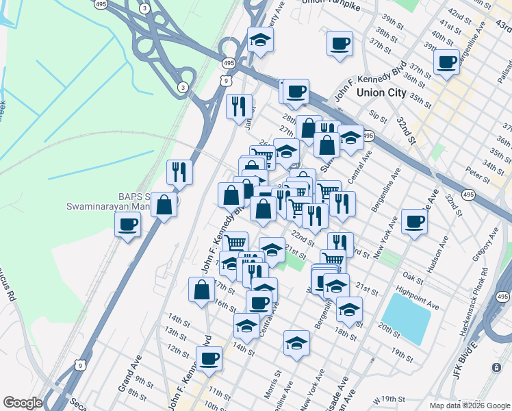 map of restaurants, bars, coffee shops, grocery stores, and more near 825 22nd Street in Union City