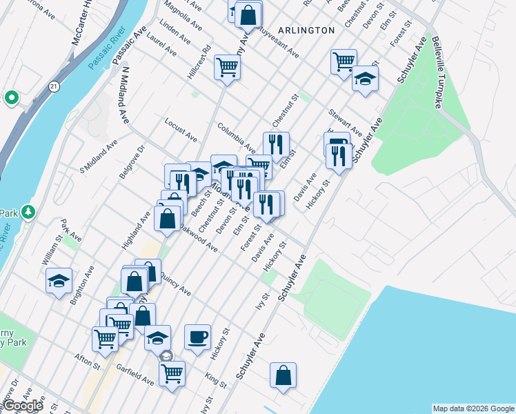 map of restaurants, bars, coffee shops, grocery stores, and more near 181 Midland Avenue in Kearny
