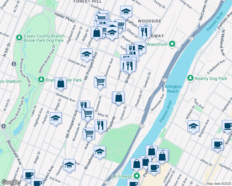 map of restaurants, bars, coffee shops, grocery stores, and more near 96 Lincoln Avenue in Newark