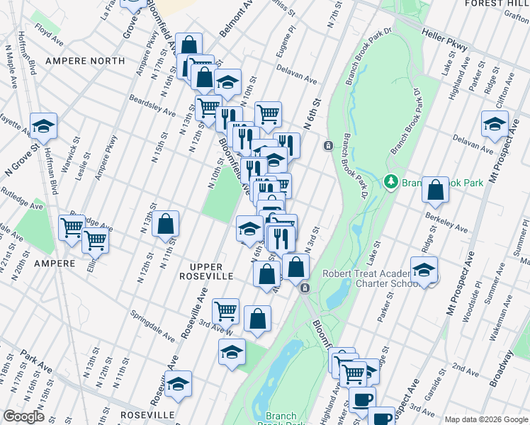 map of restaurants, bars, coffee shops, grocery stores, and more near 545 North 7th Street in Newark