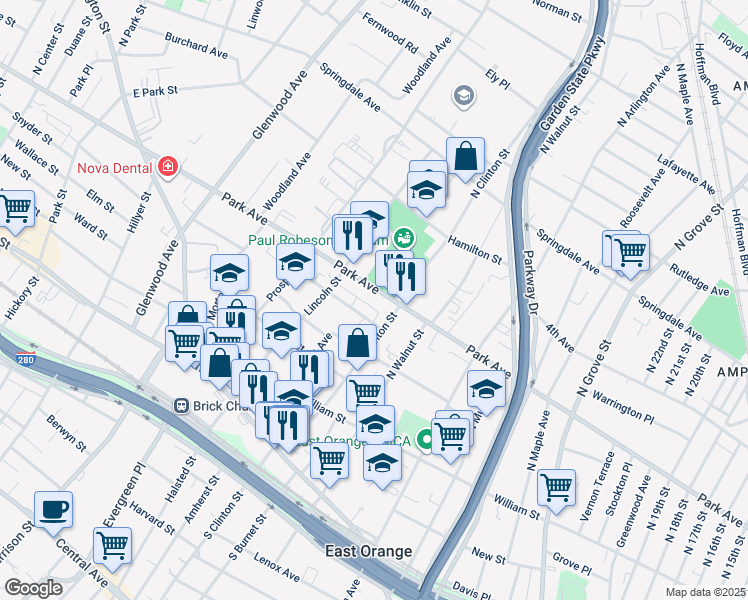 map of restaurants, bars, coffee shops, grocery stores, and more near 12 Melmore Gardens in East Orange