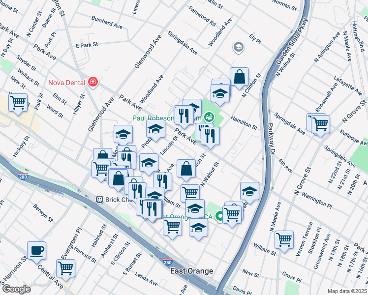 map of restaurants, bars, coffee shops, grocery stores, and more near 12 Melmore Gardens in East Orange