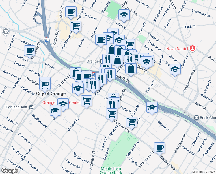 map of restaurants, bars, coffee shops, grocery stores, and more near in City of Orange