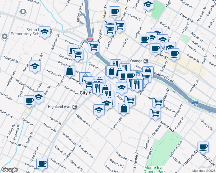 map of restaurants, bars, coffee shops, grocery stores, and more near 445 Minton Place in City of Orange