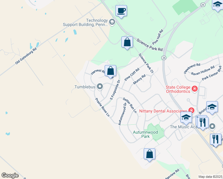 map of restaurants, bars, coffee shops, grocery stores, and more near 576 South Foxpointe Drive in State College