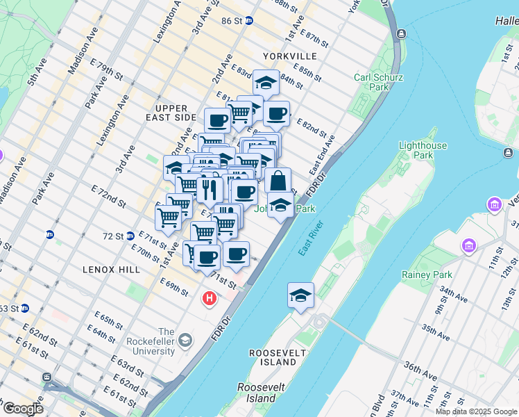 map of restaurants, bars, coffee shops, grocery stores, and more near 510 East 76th Street in New York