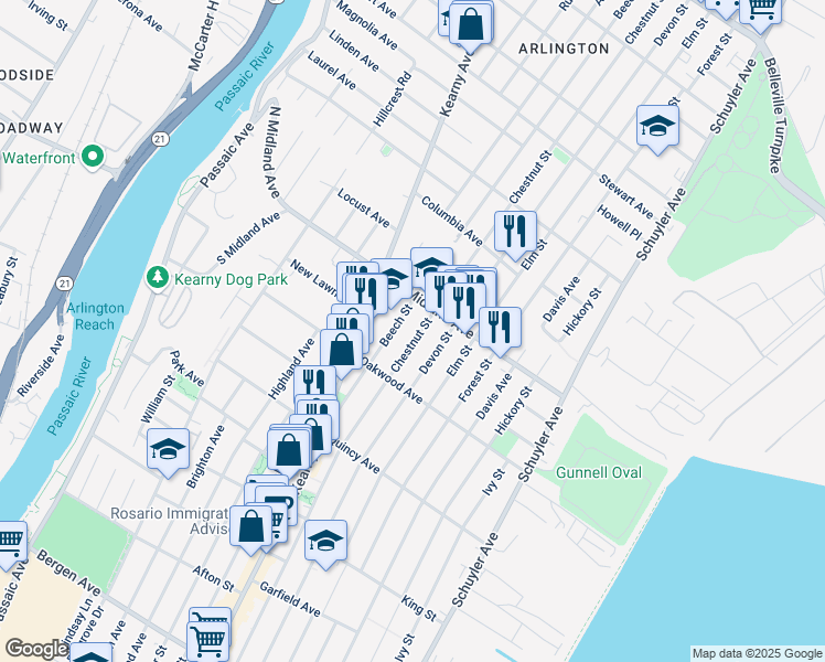 map of restaurants, bars, coffee shops, grocery stores, and more near 527 Chestnut Street in Kearny