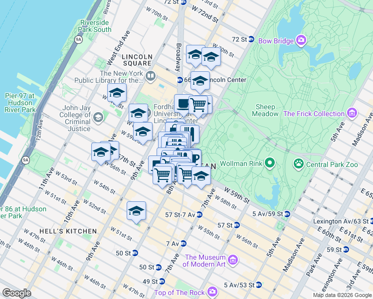 map of restaurants, bars, coffee shops, grocery stores, and more near 1 Central Park West in New York