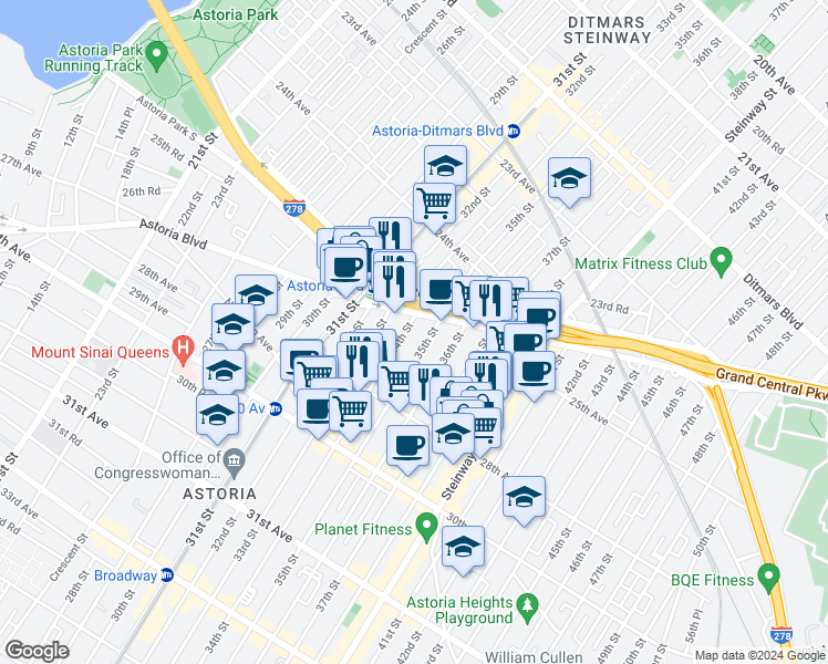 map of restaurants, bars, coffee shops, grocery stores, and more near 25-15 34th Street in Queens