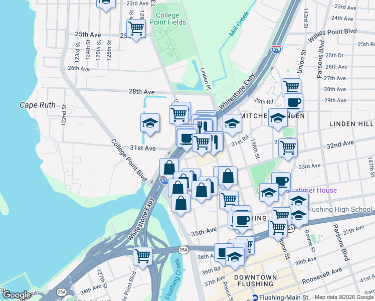 map of restaurants, bars, coffee shops, grocery stores, and more near 133-38 Whitestone Expressway in Queens