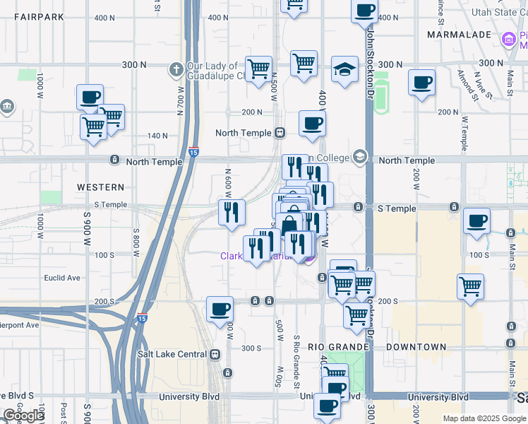 map of restaurants, bars, coffee shops, grocery stores, and more near 50 500 West in Salt Lake City