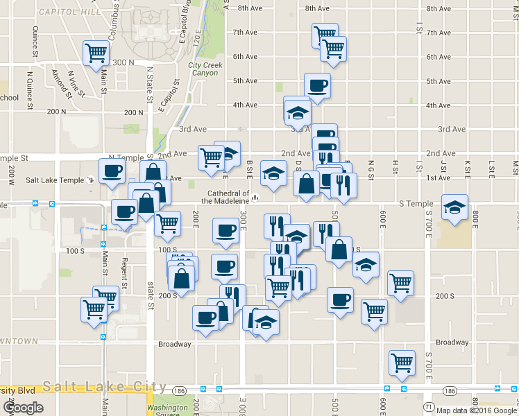 map of restaurants, bars, coffee shops, grocery stores, and more near 25 South 300 East in Salt Lake City