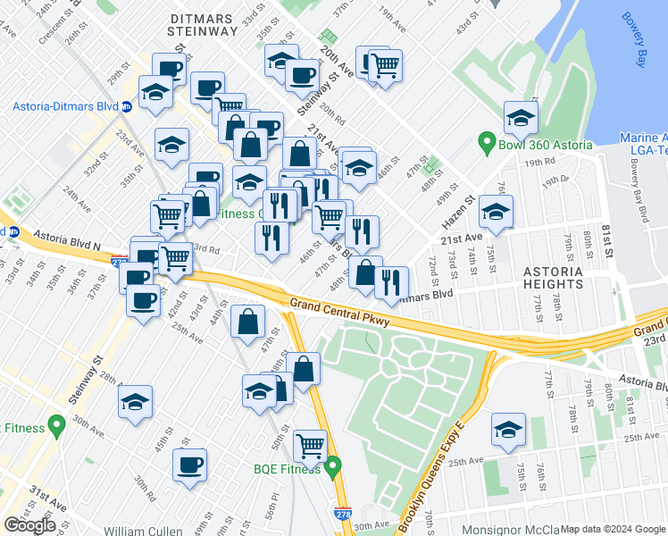 map of restaurants, bars, coffee shops, grocery stores, and more near 22-21 47th Street in Queens