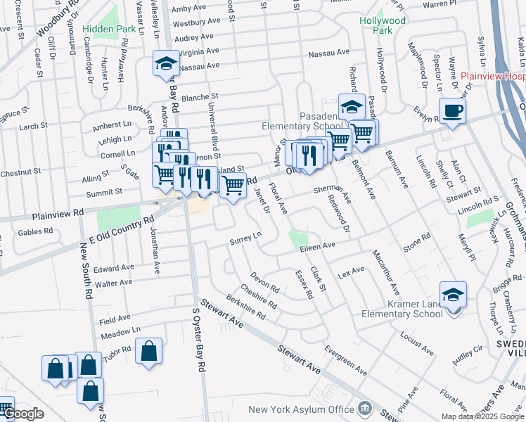 map of restaurants, bars, coffee shops, grocery stores, and more near 33 Surrey Lane in Plainview
