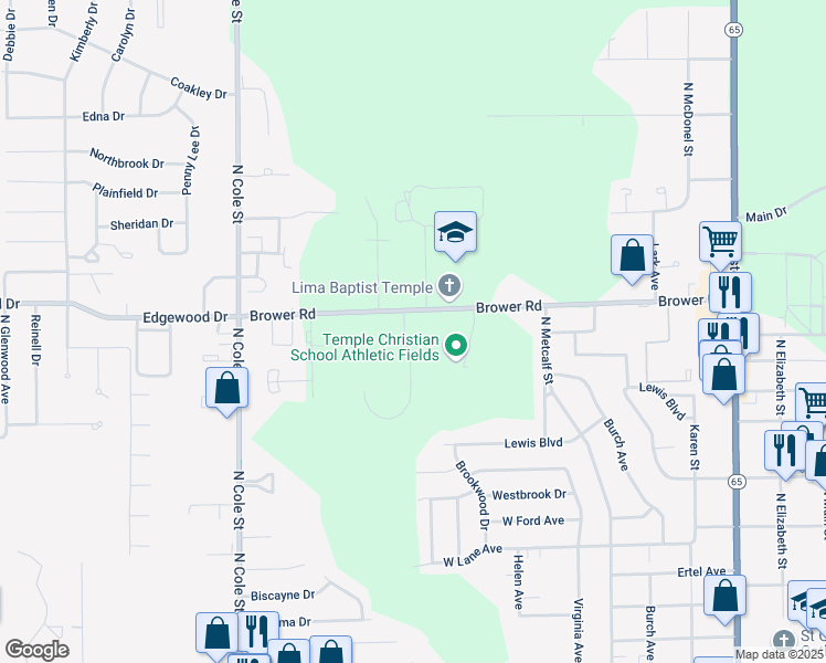 map of restaurants, bars, coffee shops, grocery stores, and more near 2260 Lake Circle Drive in Lima