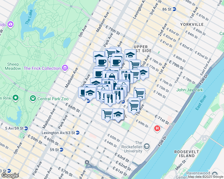 map of restaurants, bars, coffee shops, grocery stores, and more near 219 East 71st Street in New York