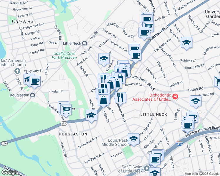 map of restaurants, bars, coffee shops, grocery stores, and more near 43-25 Marathon Parkway in Queens