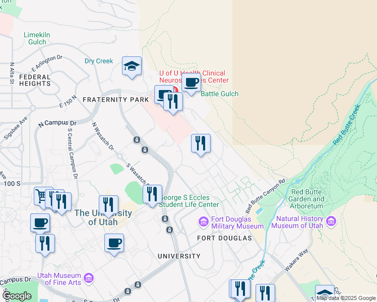 map of restaurants, bars, coffee shops, grocery stores, and more near 10 2000 East in Salt Lake City